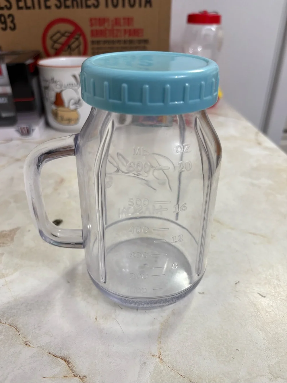 Clear Plastic Mason Mug with Light Blue Lid - Party Tableware